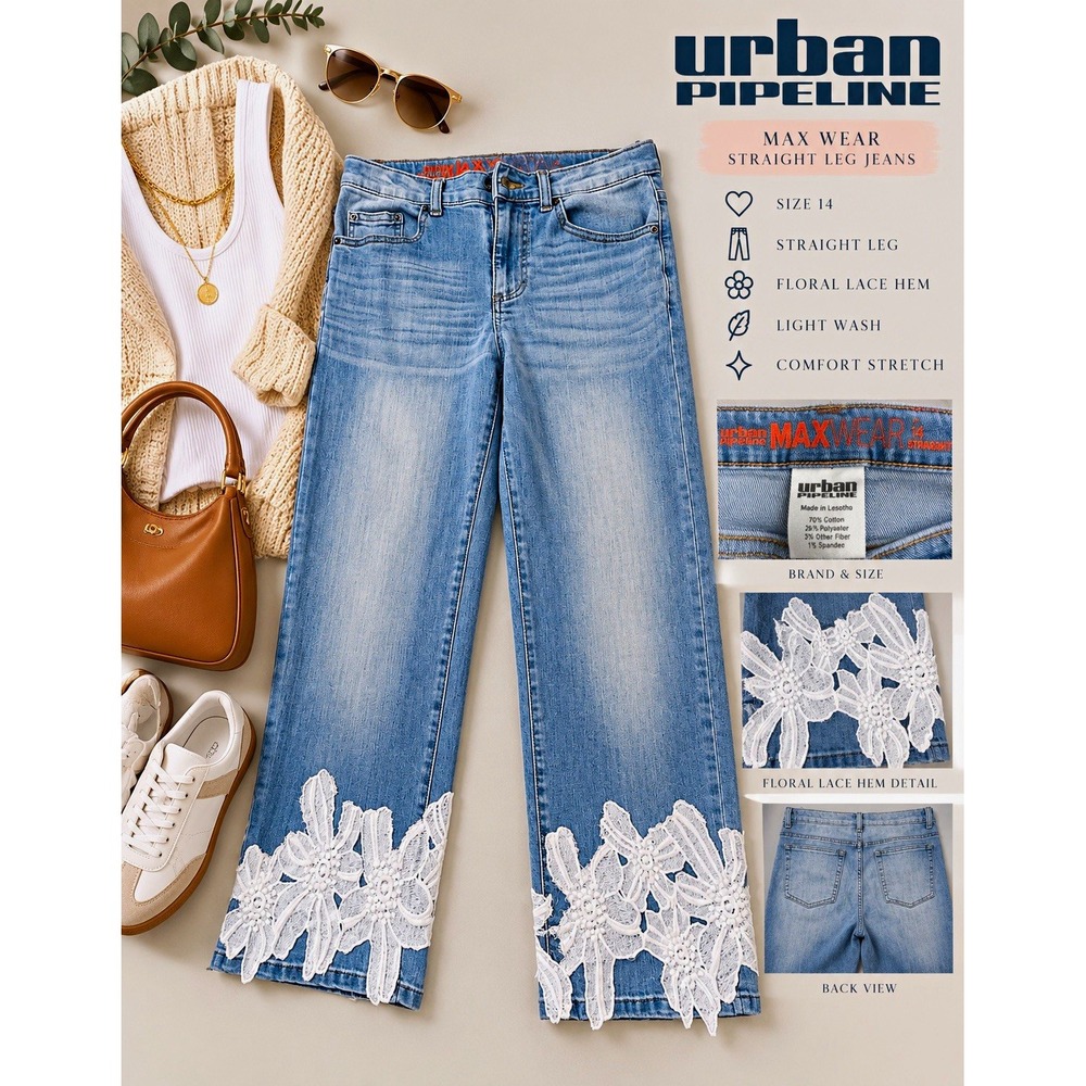Floral Lace Jeans Juniors 14 Straight Leg Light Wash Urban Pipeline Boho Denim